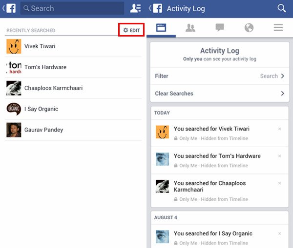 Clear Facebook Search History on Android