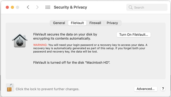 Sicurezza e Privacy Mac FileVault