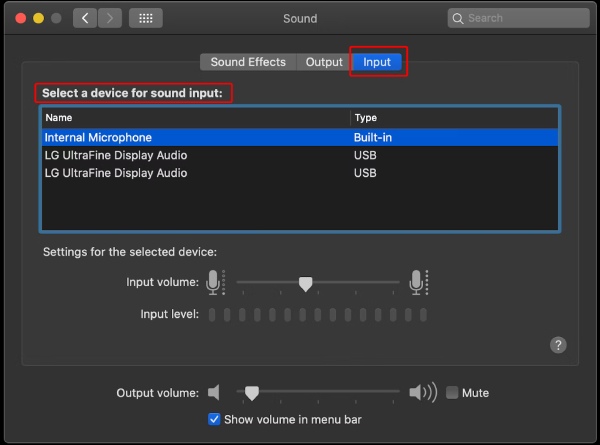 Selecteer een apparaat voor geluidsinvoer Mac