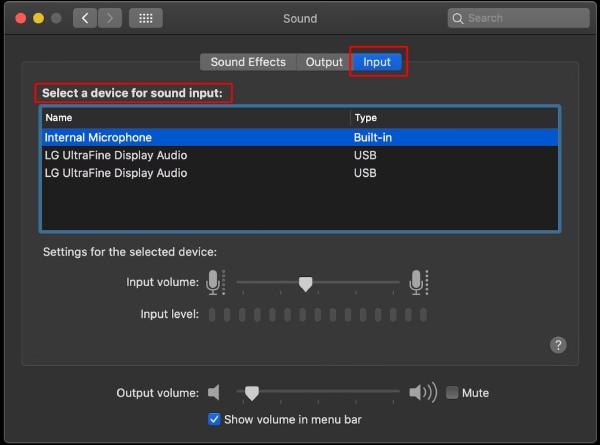 Seleccione un dispositivo para la entrada de sonido Mac