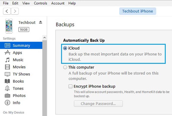 Seleziona Opzioni di backup iCloud su iTunes