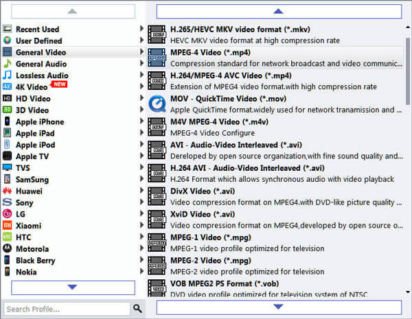 Seleziona il formato di output