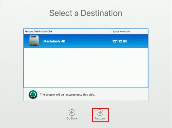Select restore destination disk