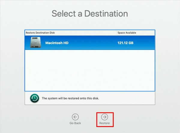 Vælg gendan destinationsdisk