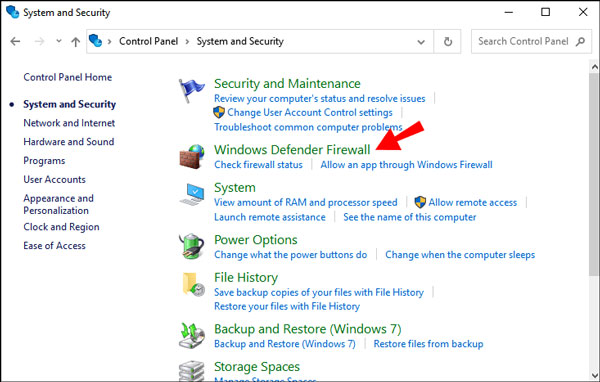 Seleziona Windows Defender Firewall