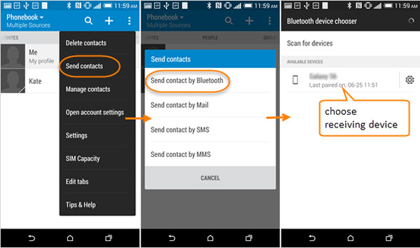 Envoyer des contacts via Bluetooth