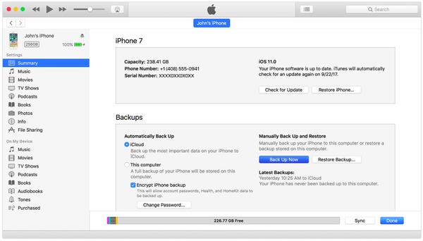 Ange iPhone till iTunes Backup Settings