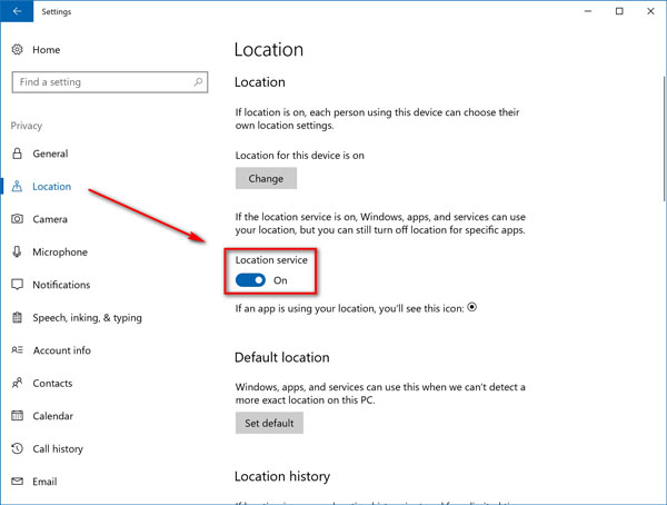 Settings Location Service PC