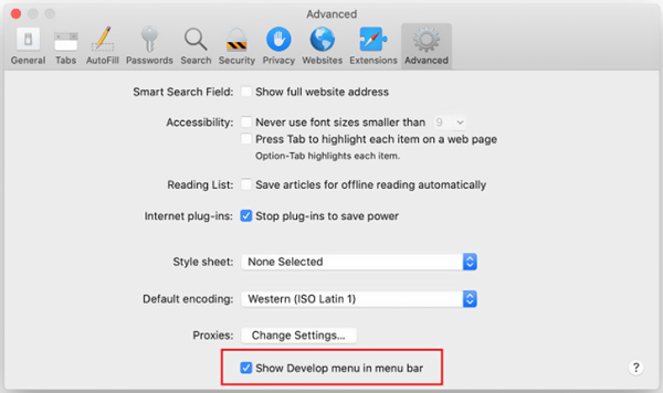Afficher le menu Développer dans la barre de menus Safari