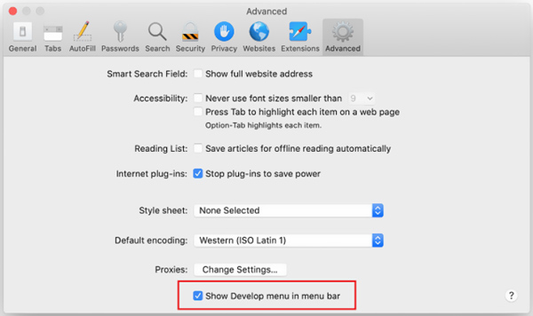 Show Develop Menu in Menu Bar Safari