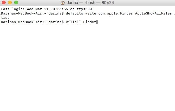 Показать скрытые файлы на Mac с терминалом