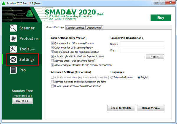 Smadav-innstillinger