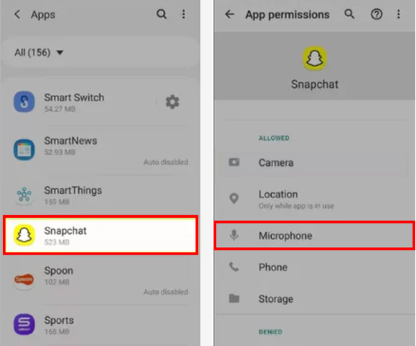 Включить микрофон для Snapchat на Android