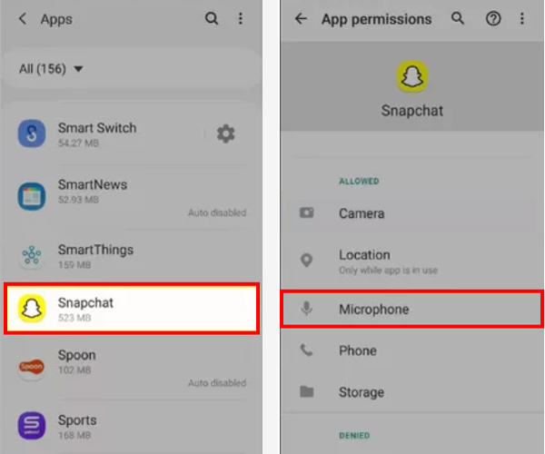 Aktivera mikrofon för Snapchat på Android