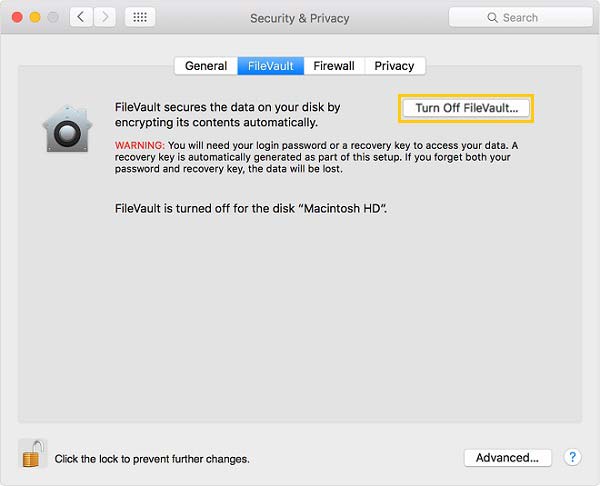 Schakel Filevault uit