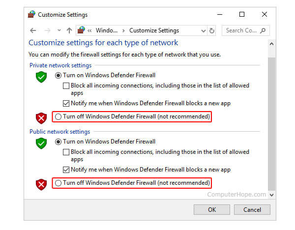 Desative o Firewall do Windows Defender