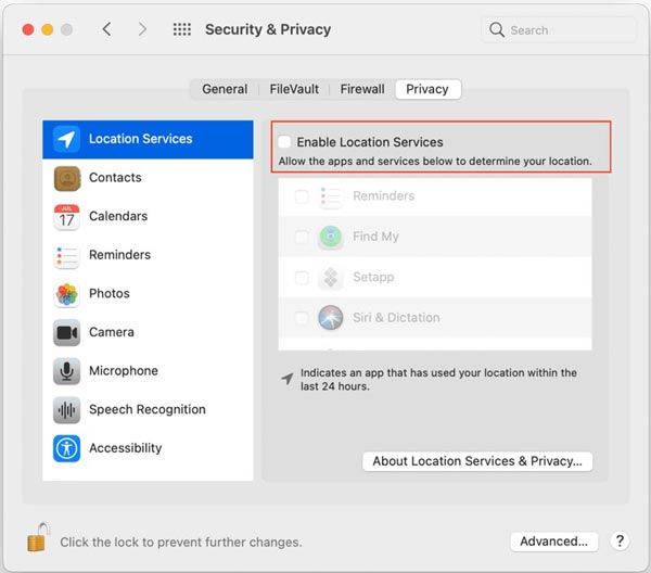 Включите службы определения местоположения на Mac