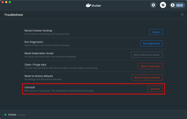 Désinstaller Docker Mac via le dépannage de l'application
