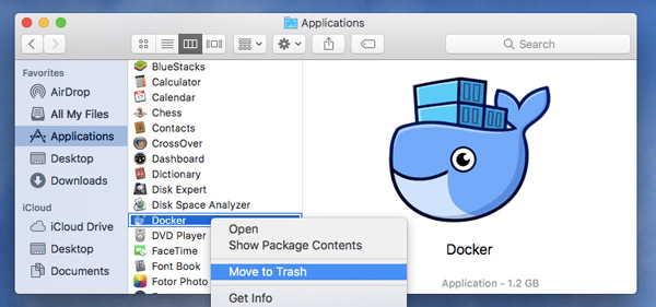 Docker verwijderen op Mac Verplaatsen naar prullenbak