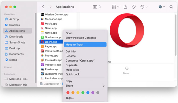 Удаление Opera на Mac Переместить в корзину