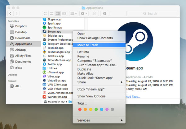 Avinstaller Steam på Mac Flytt til papirkurven