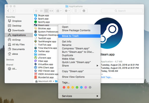 Desinstalar Steam en Mac Move to Trash