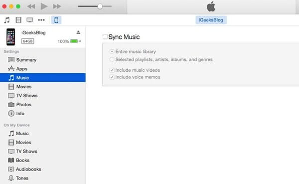 Zrušte zaškrtnutí políčka Sync Music in iTunes