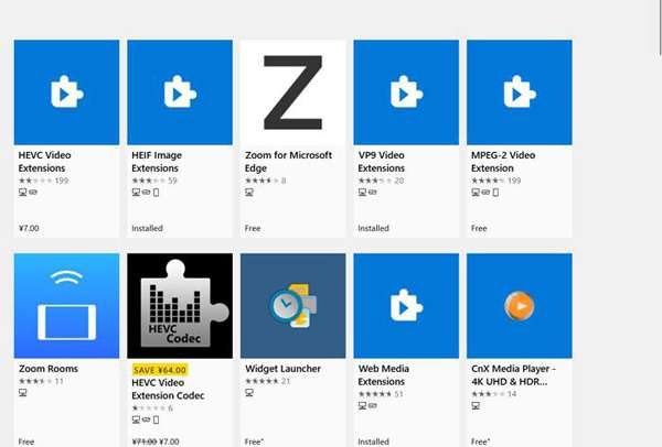 Extensions vidéo sur le Microsoft Store