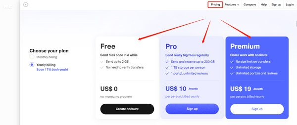 Wetransfer Fiyatlandırma Planları