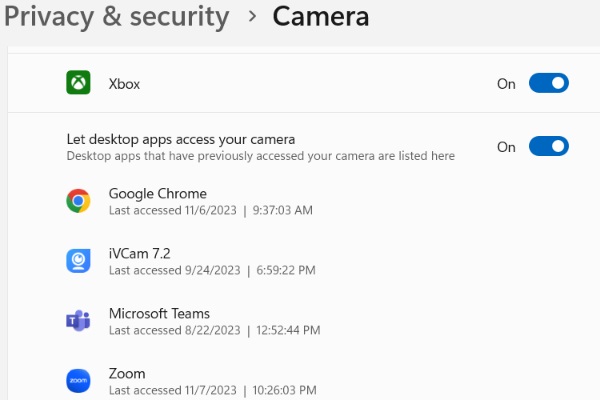 Privacy della fotocamera di Windows