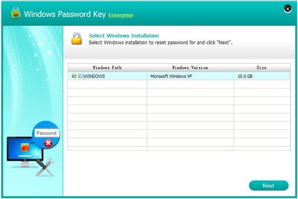 Windows Password Key -yritys valitsee Windows-asennuksen