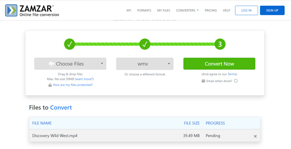 Zamzar Convertir MP4 en Wmv en ligne gratuit