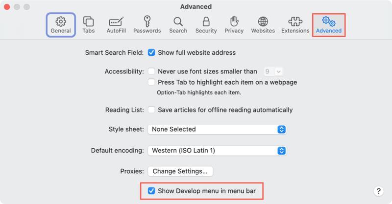 Safari Develop Menu
