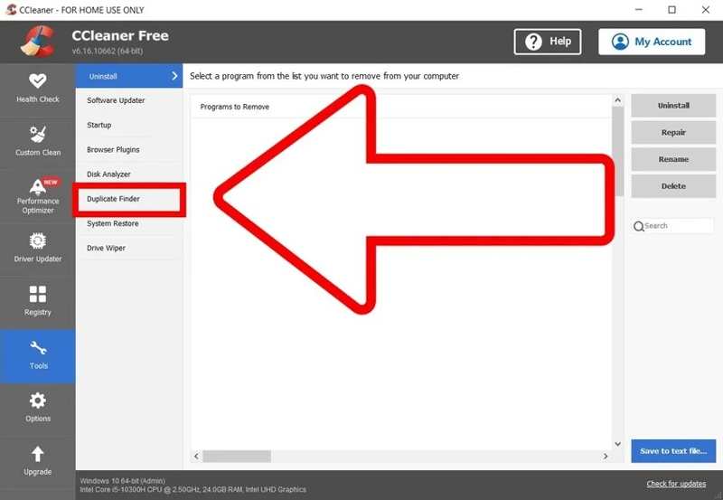 Interface de recherche de doublons de CCleaner