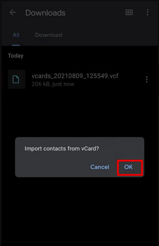Copiar archivo VCF de contactos