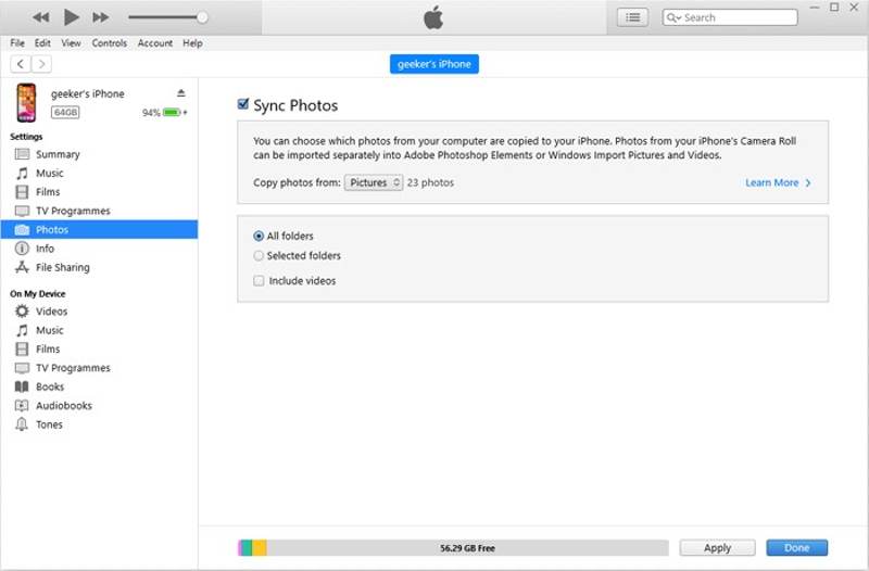 iTunes Photos Sync Photos Apply
