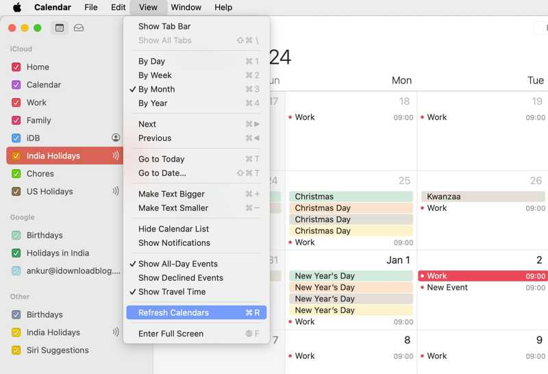 Обновить календарь