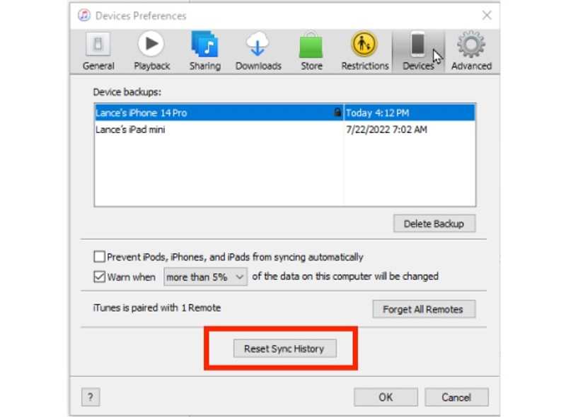 iTunes Tilbakestill synkroniseringslogg