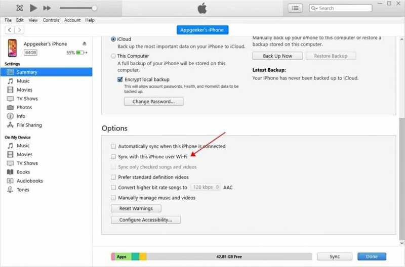 iTunes-synkronisering over Wi-Fi