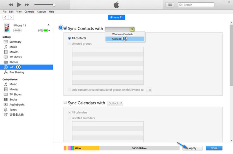 Синхронизация контактов с Outlook через Itunes
