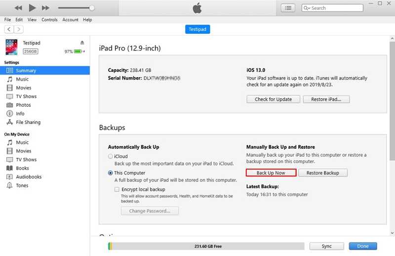 Backup iPad in iTunes