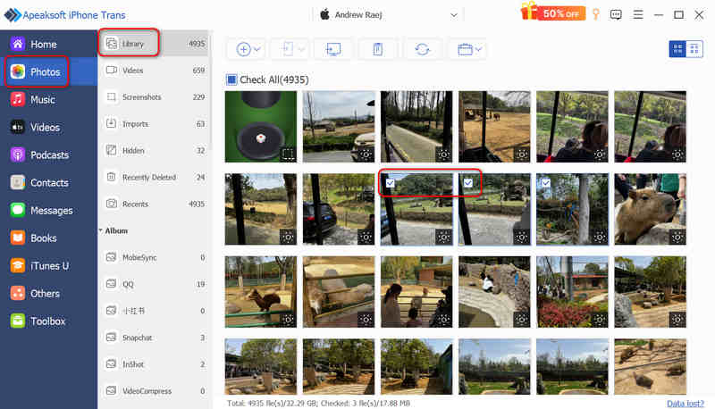 Select Desired Photos in Apeaksoft iPhone Transfer