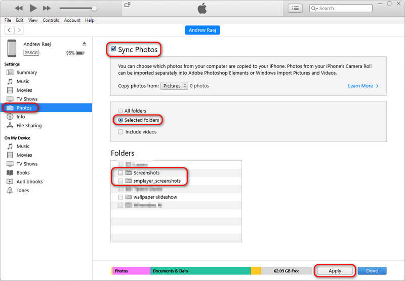 Sélectionnez le dossier photo à transférer sur l'iPad