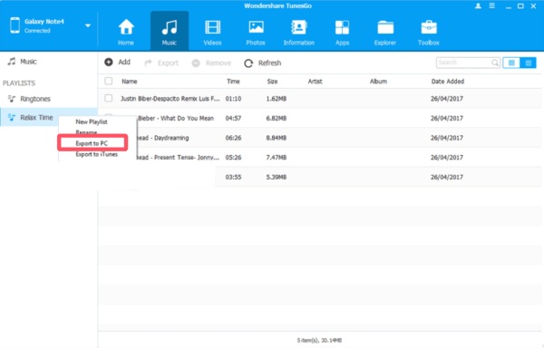 Экспорт музыки Wondershare
