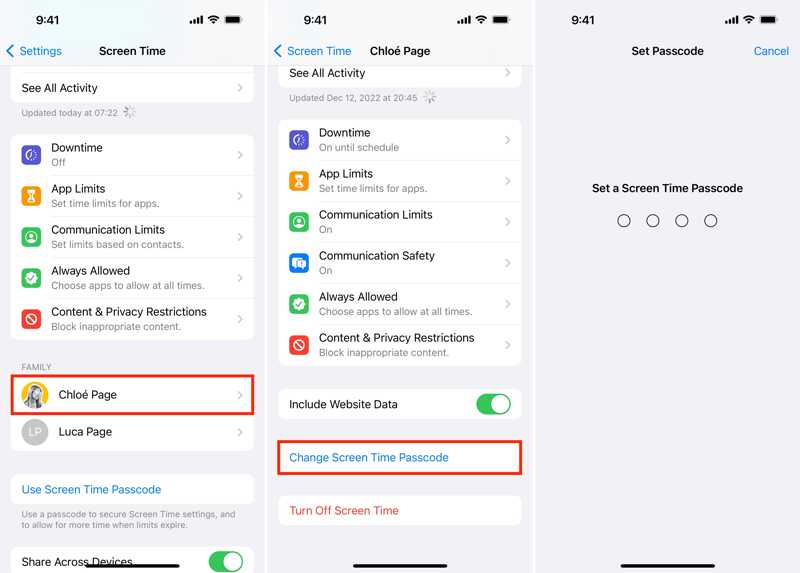 Obnovit heslo pro čas u obrazovky dítěte na iPhone