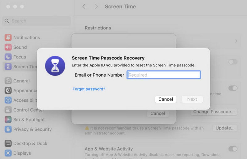 Сброс пароля Screen Time для Mac
