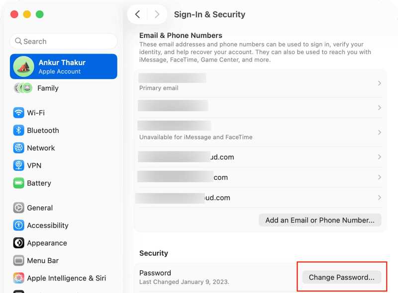 更改 Mac 上的 AppleID 密碼