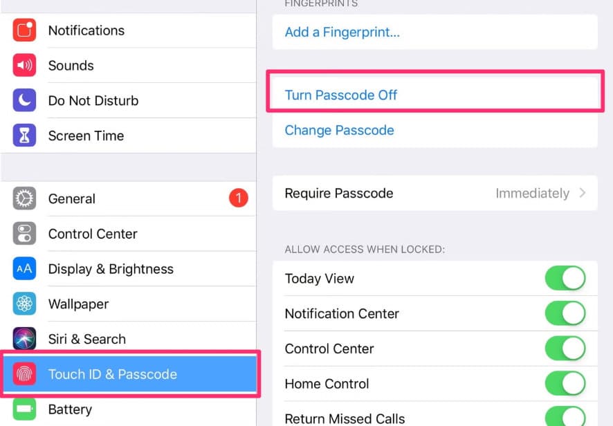 Turn Off Passcode on iPad Settings