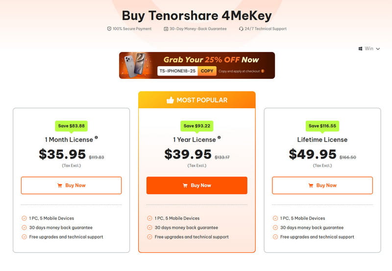 Tenorshare 4MeKey Prijs Windows