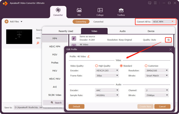 Converti Mpg in MP4 Modifica profilo